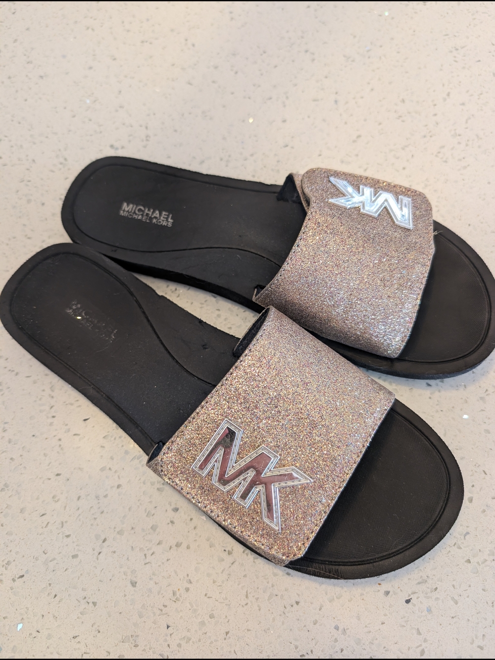 Michael Kors Glitter Slide Sandals - Rose Gold Glitter with Black Sole